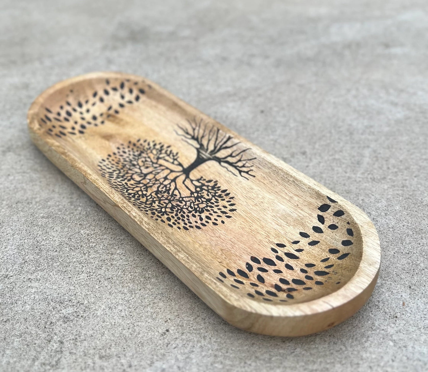 Handcrafted Wooden Boat-Shaped Incense Holder with Tree Of Life Design - Natural Black (11"x4") - Ash Catcher, Home Décor, Yoga & Meditation