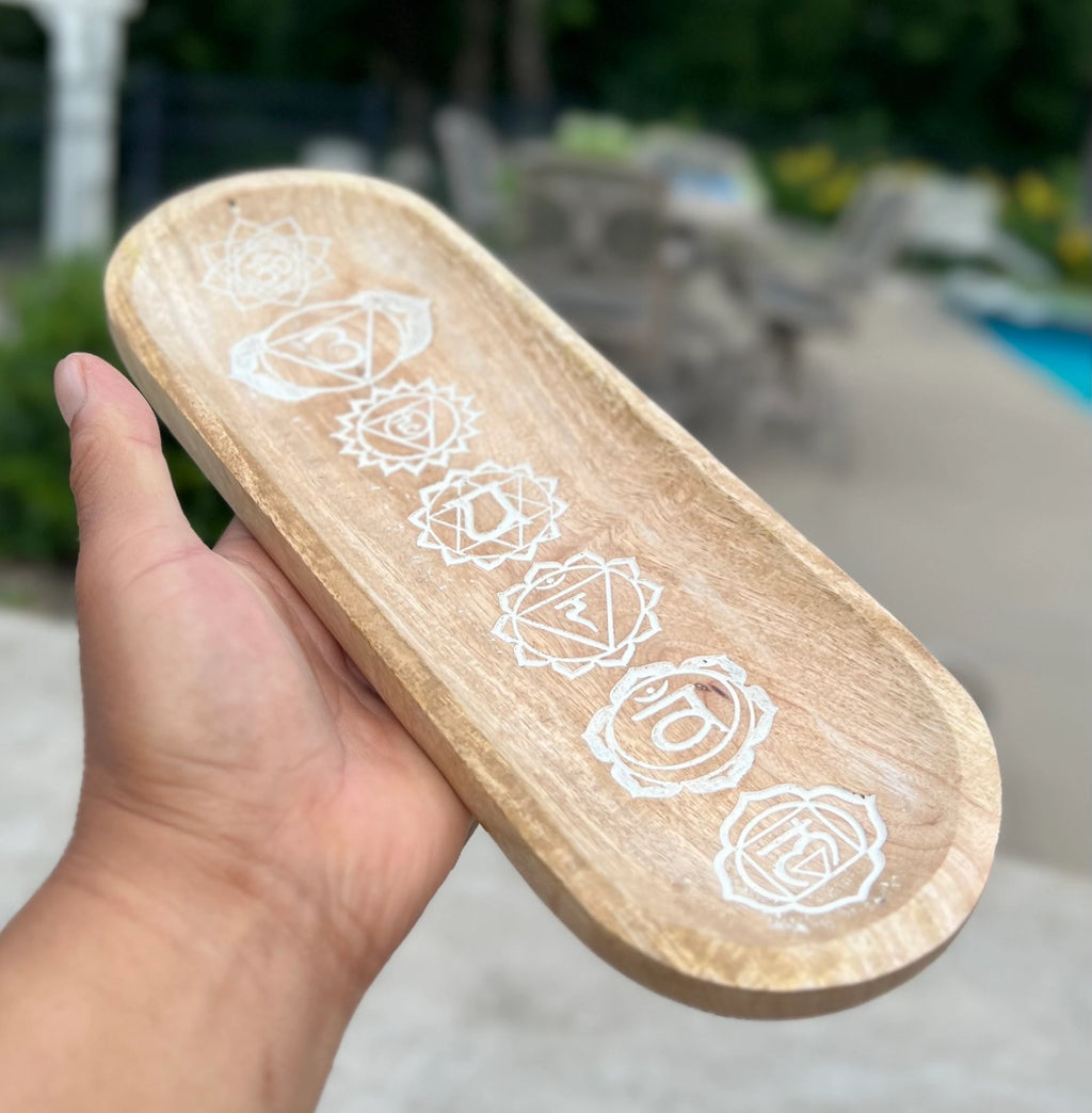 Handcrafted Wooden Boat-Shaped Incense Holder with 7 Chakras Design - Natural Black (11"x4") - Ash Catcher, Home Décor, Yoga & Meditation - DharmaObjects