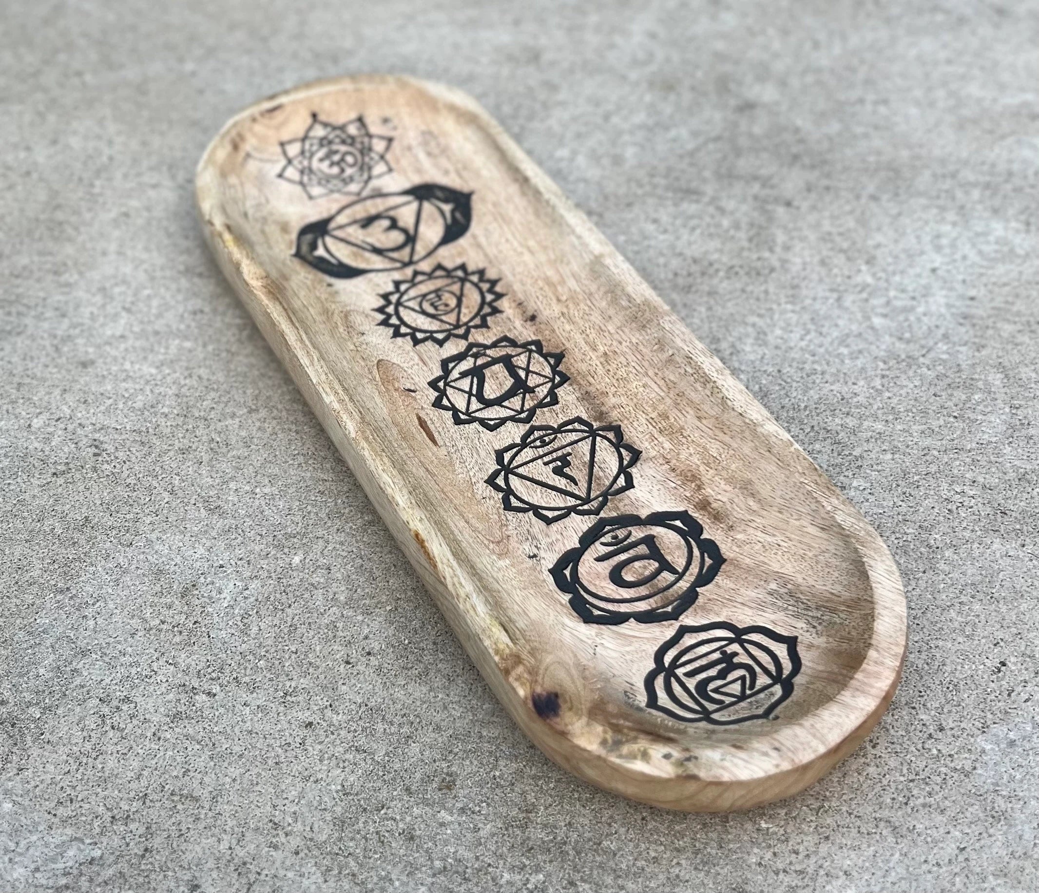 Handcrafted Wooden Boat-Shaped Incense Holder with 7 Chakras Design - Natural Black (11"x4") - Ash Catcher, Home Décor, Yoga & Meditation - DharmaObjects