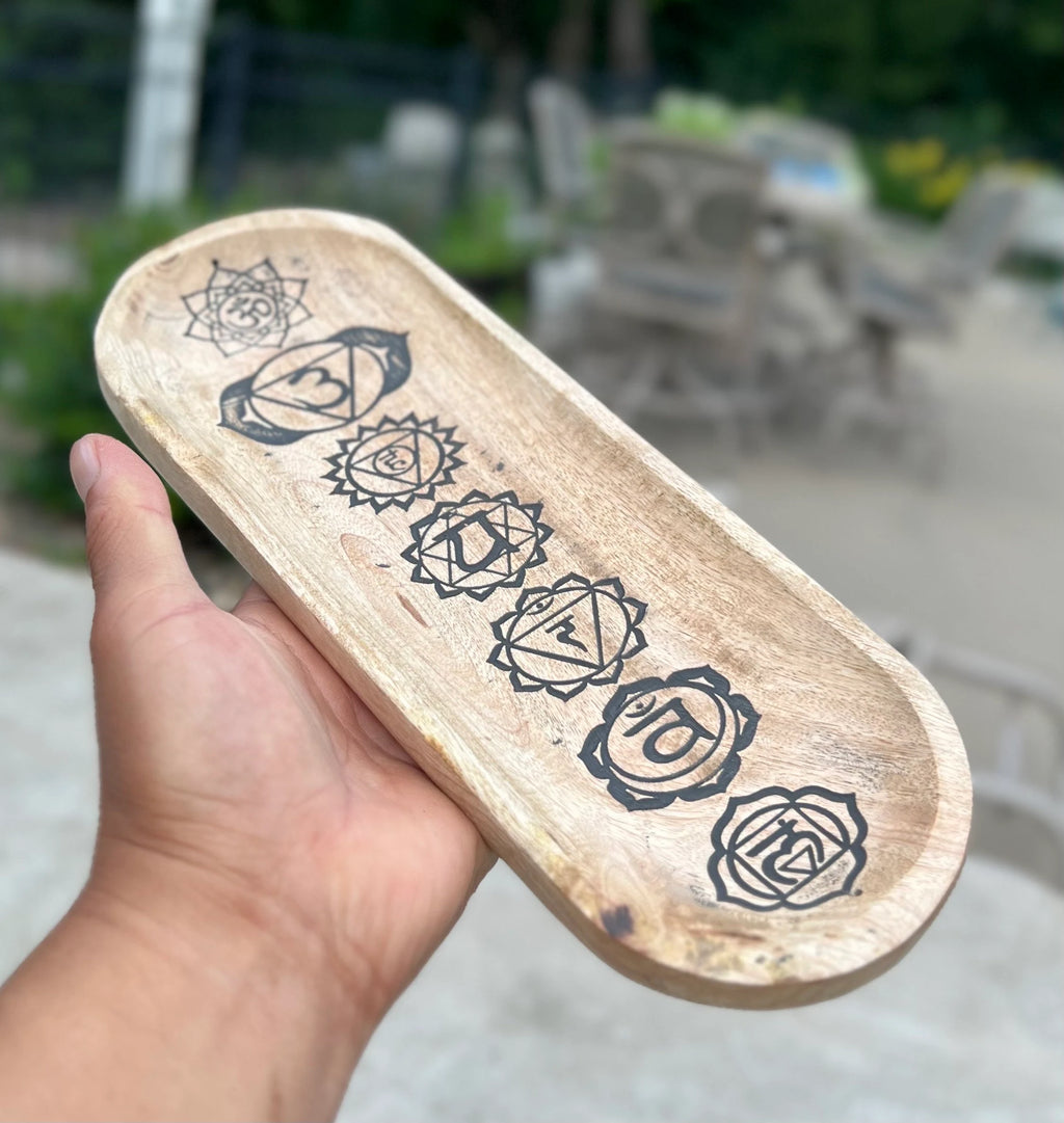 Handcrafted Wooden Boat-Shaped Incense Holder with 7 Chakras Design - Natural Black (11"x4") - Ash Catcher, Home Décor, Yoga & Meditation - DharmaObjects