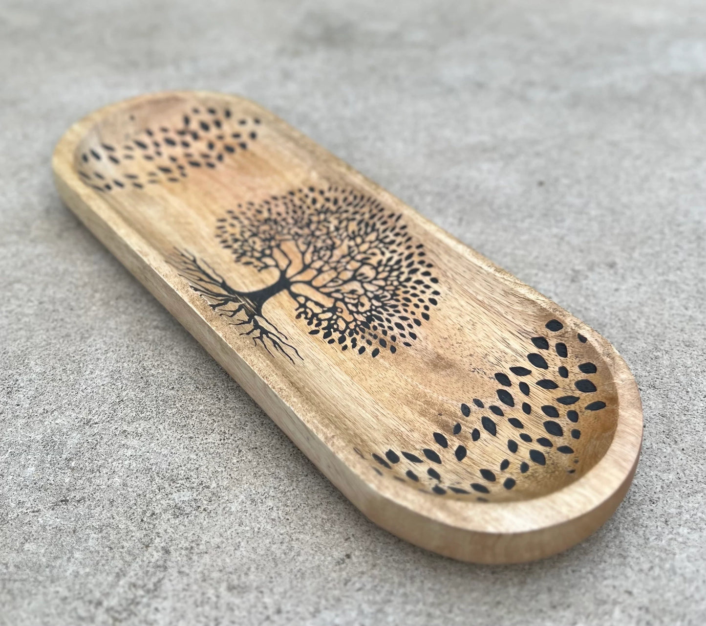 Handcrafted Wooden Boat-Shaped Incense Holder with Tree Of Life Design - Natural Black (11"x4") - Ash Catcher, Home Décor, Yoga & Meditation