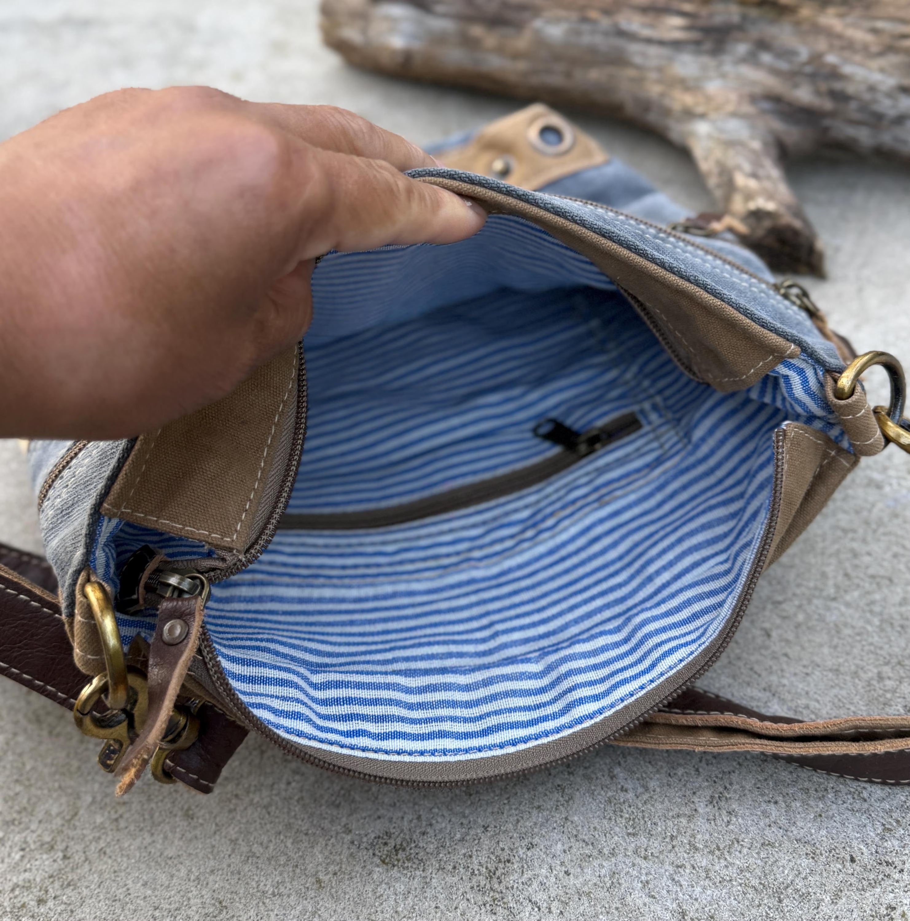 Sustainable Bee Crossbody Bag Made from Upcycled Military Canvas - DharmaObjects