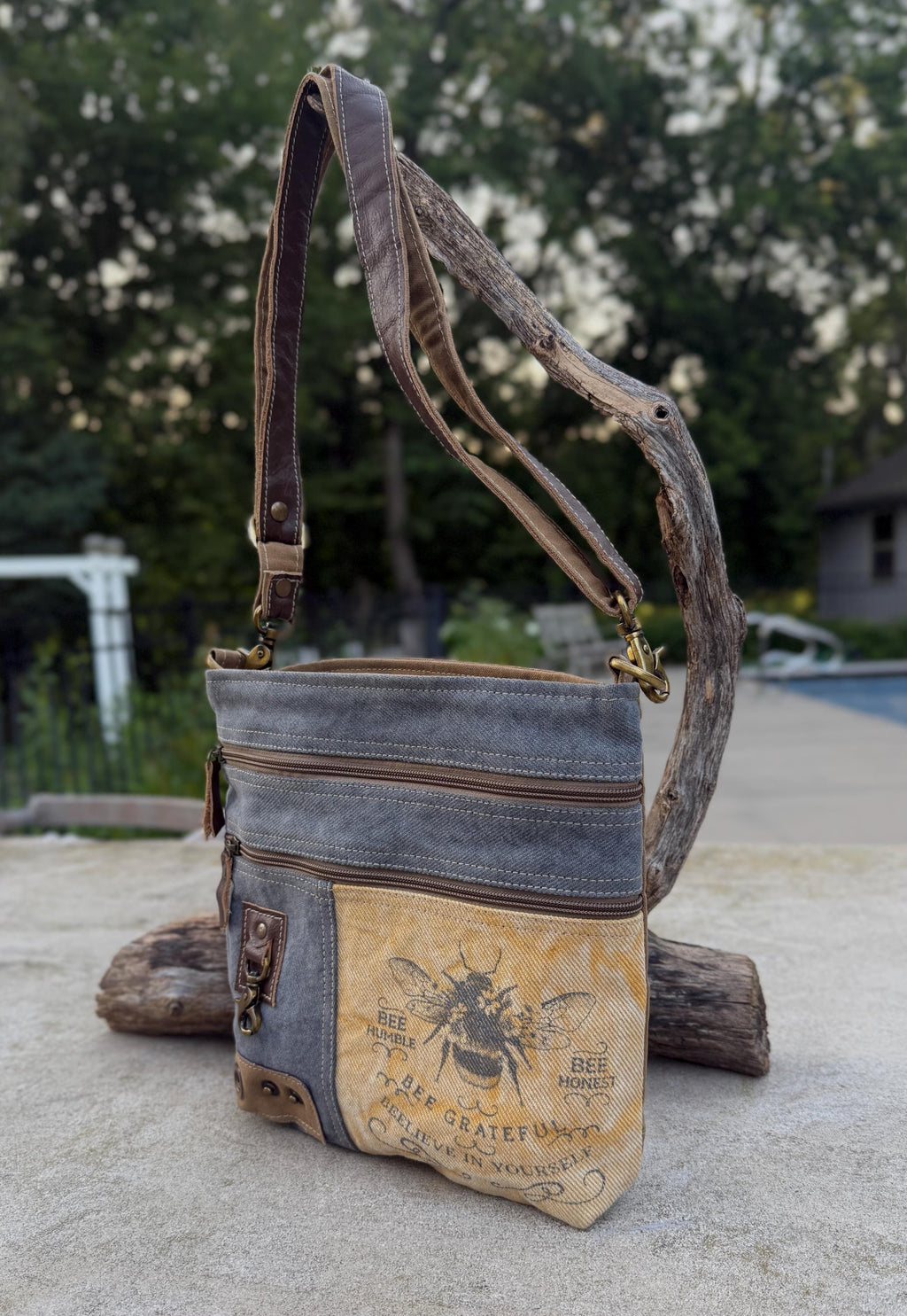 Sustainable Bee Crossbody Bag Made from Upcycled Military Canvas - DharmaObjects