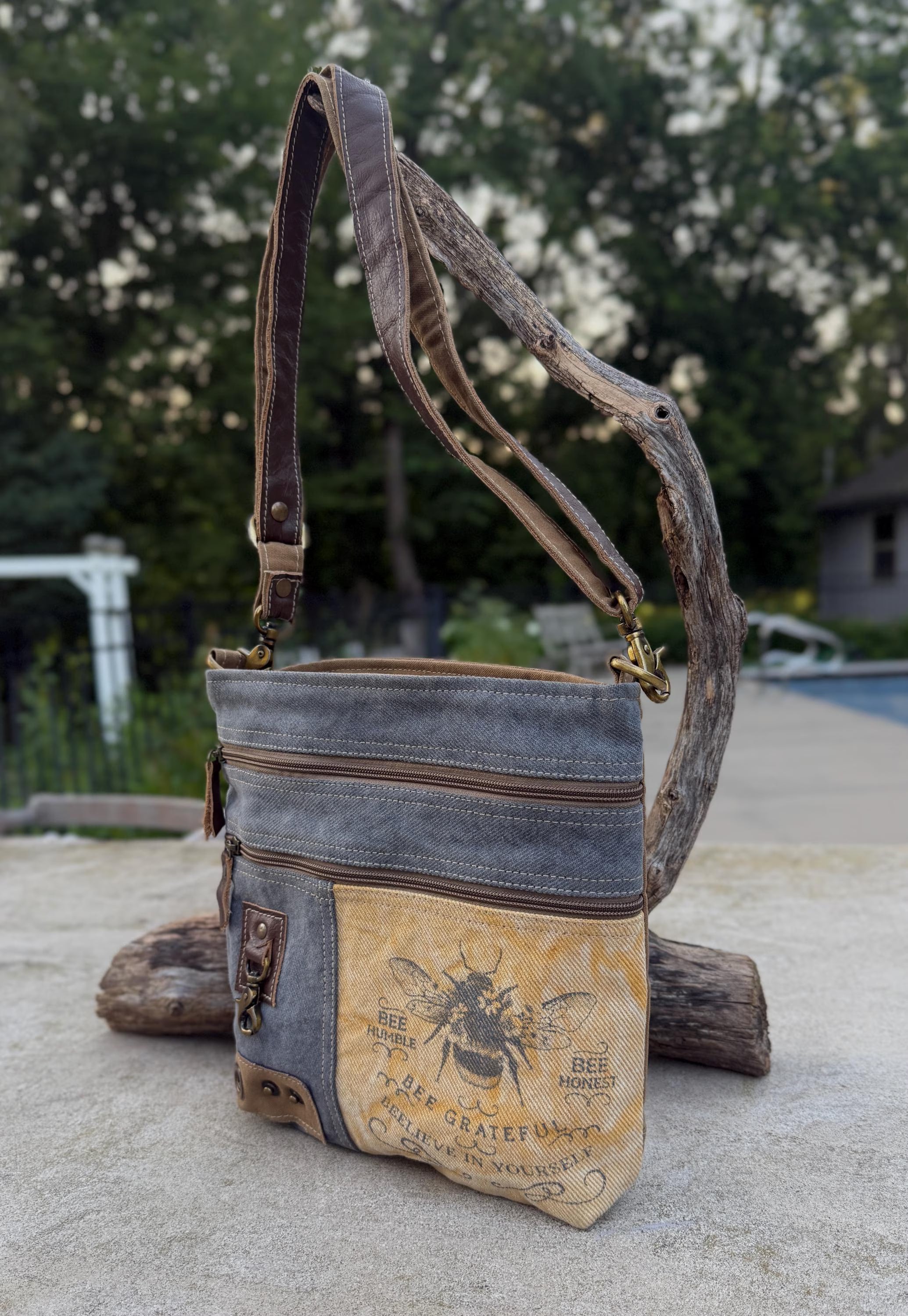 Sustainable Bee Crossbody Bag Made from Upcycled Military Canvas - DharmaObjects