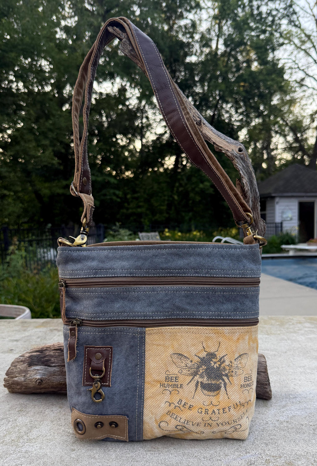 Sustainable Bee Crossbody Bag Made from Upcycled Military Canvas - DharmaObjects