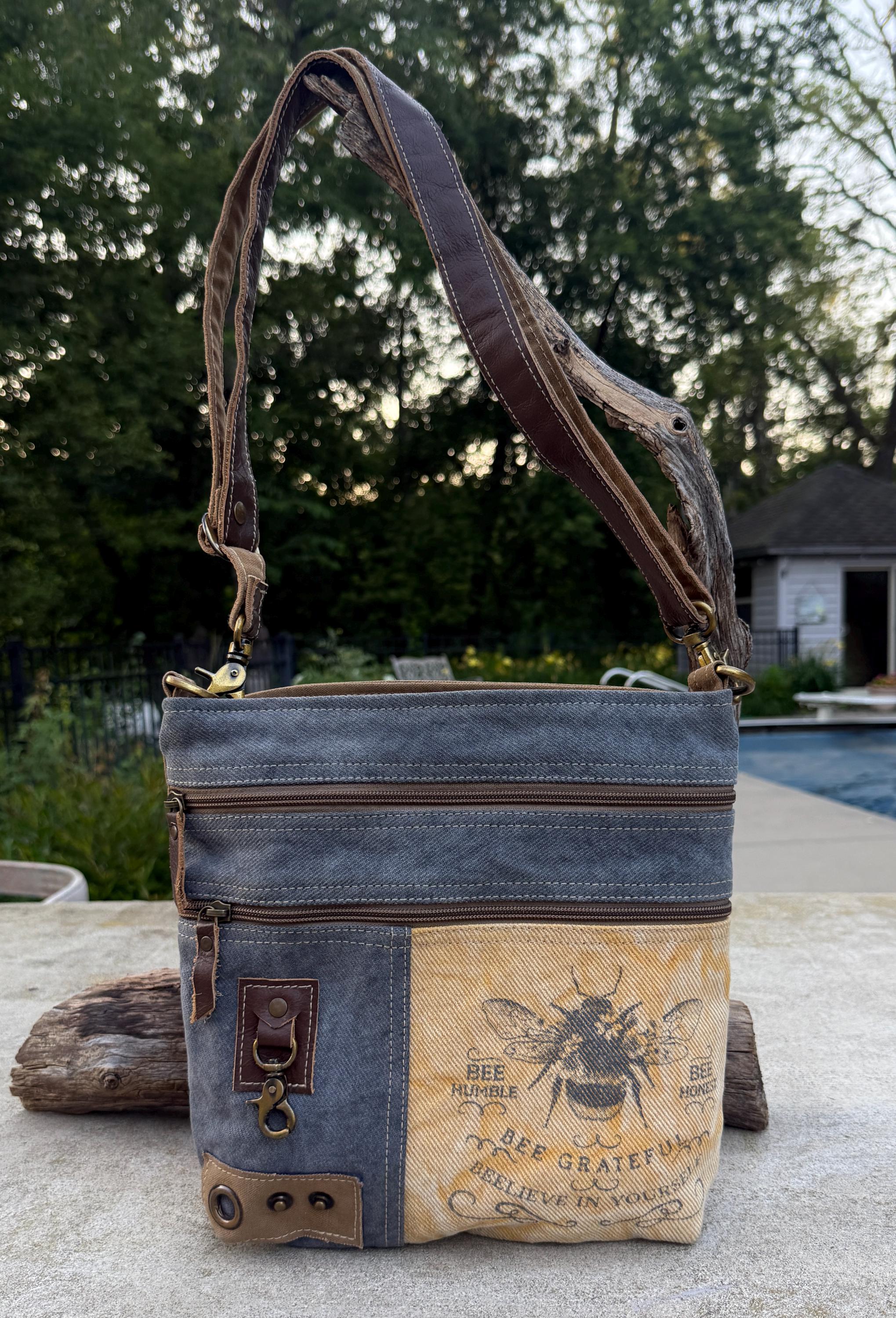 Sustainable Bee Crossbody Bag Made from Upcycled Military Canvas - DharmaObjects