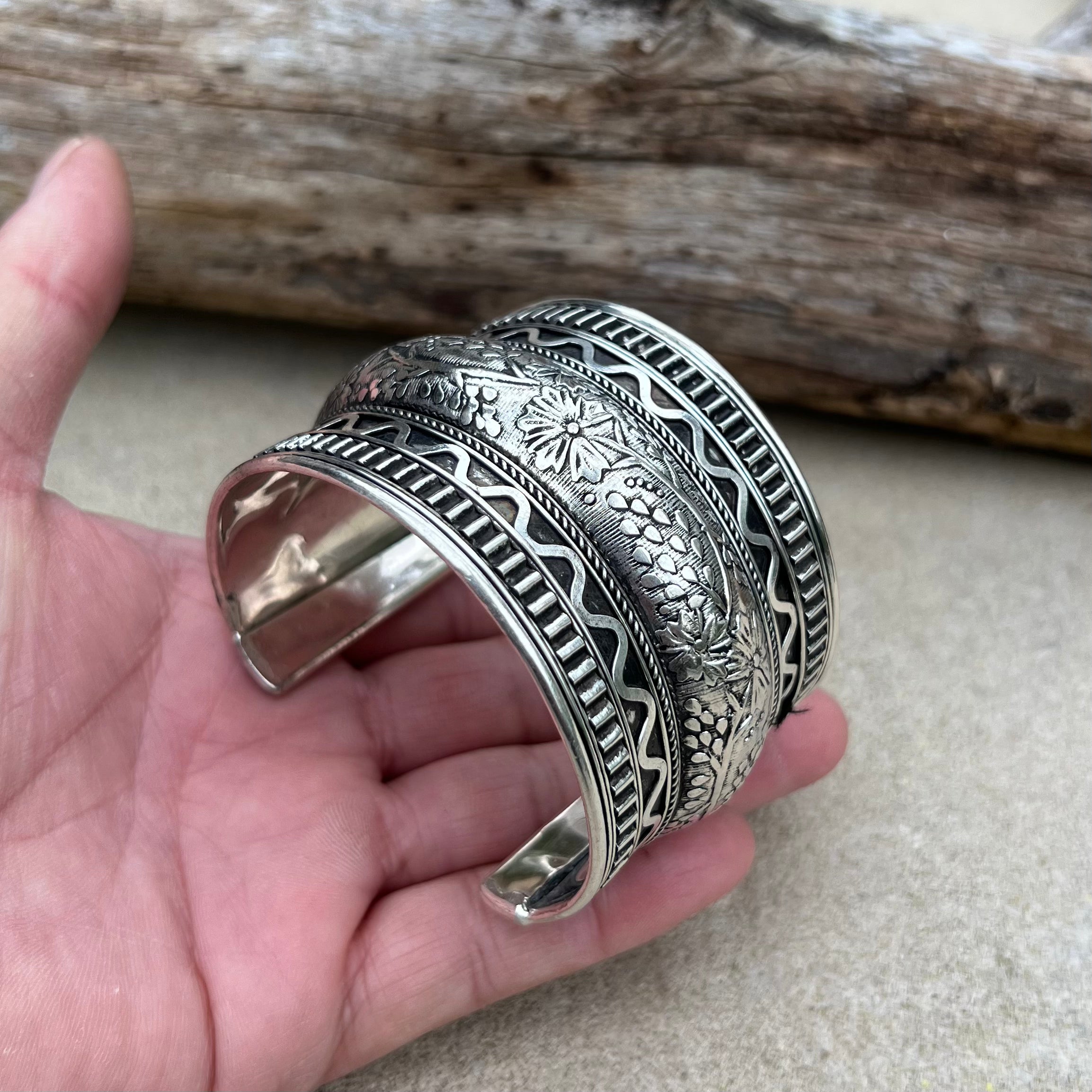 Handcrafted Cuff Bracelet Vintage Floral Design Boho Gypsy Ethnic Jewelry