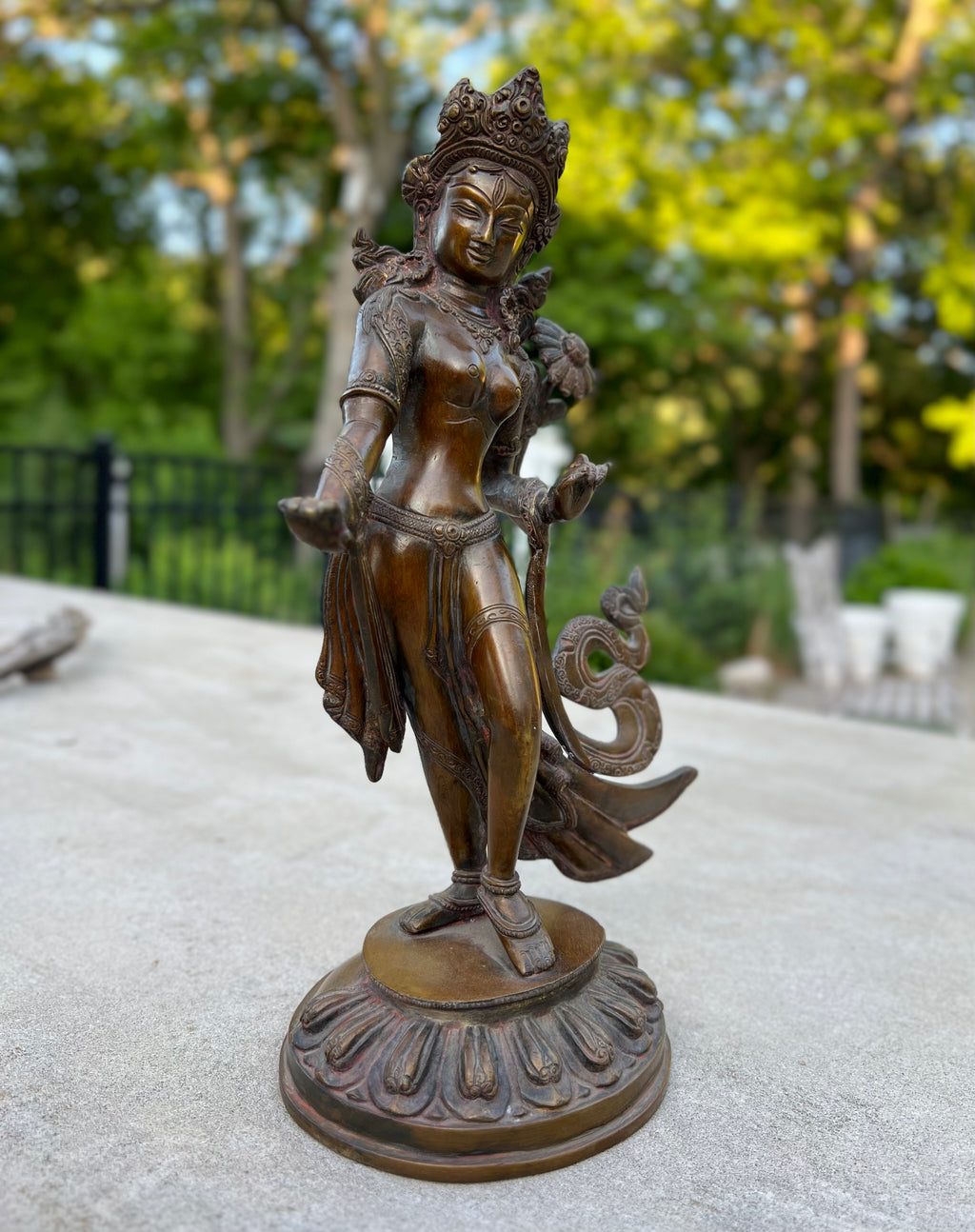 Huge Standing Tara Female Buddha Statue Solid Brass Antique Copper Finish for Home Altar Shrine Meditation Room 15 Inches Tall Weighs 10 lb