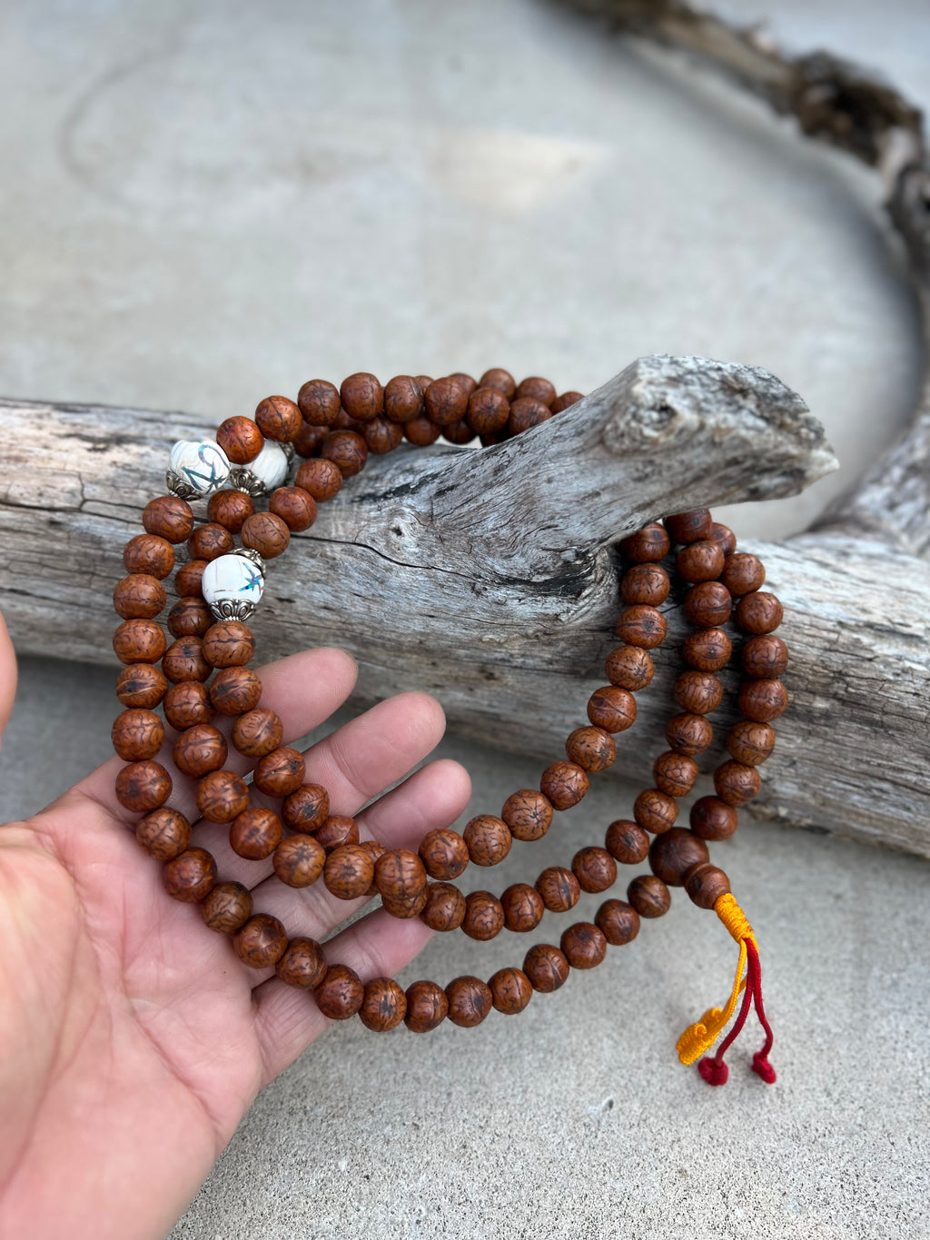 Brown Tibetan Buddhist Rare Bodhi Seed Mala, 3 Conch Shell Accent, Free Mala Bag