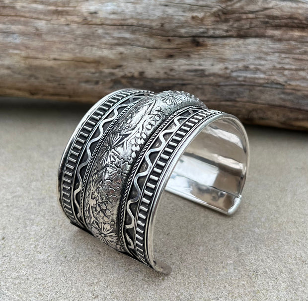 Handcrafted Cuff Bracelet Vintage Floral Design Boho Gypsy Ethnic Jewelry