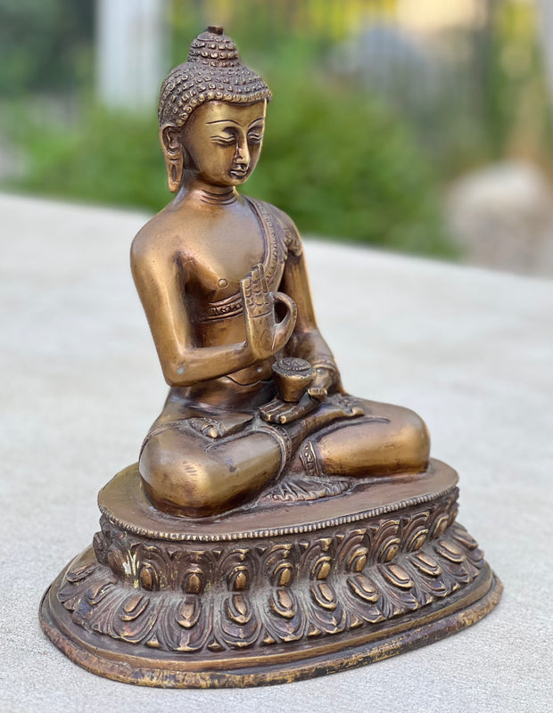 Blessing Buddha Statue Solid Antique Brass for Home Altar Shrine Meditation Room 10 Inches Tall