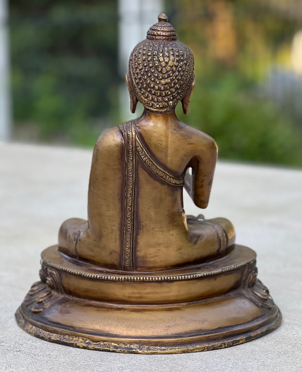Blessing Buddha Statue Solid Antique Brass for Home Altar Shrine Meditation Room 10 Inches Tall