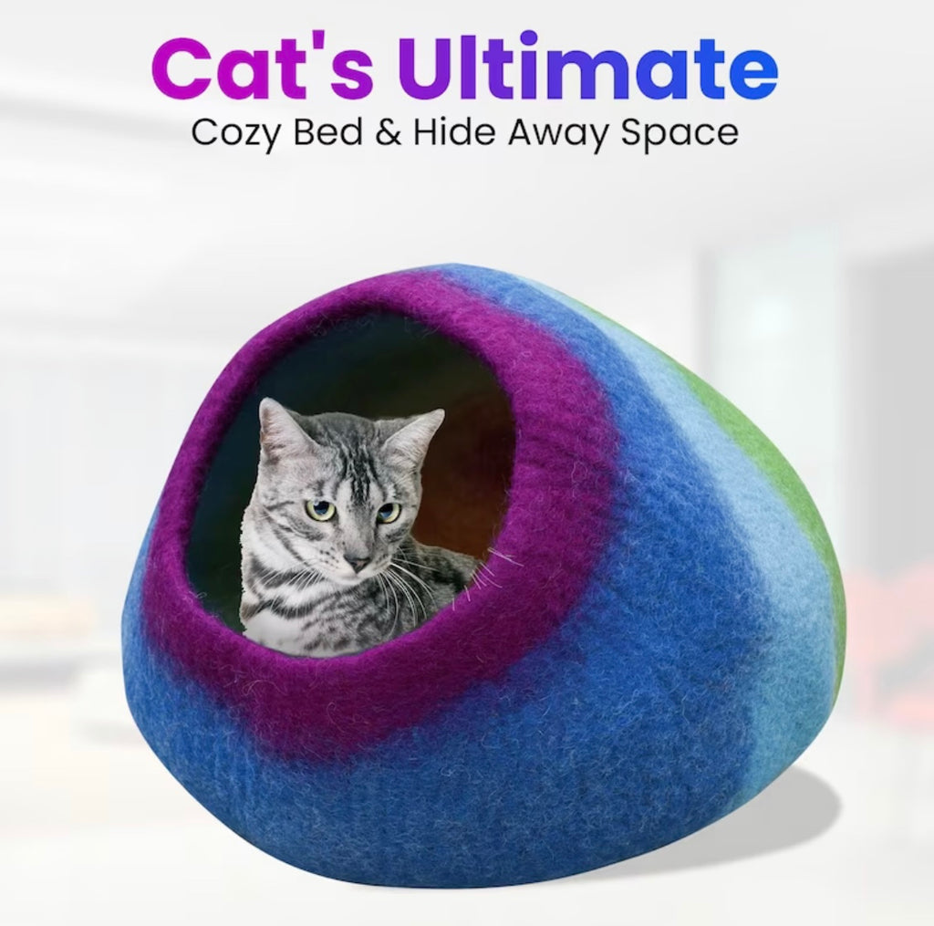 KayJayStyles Rainbow Felt Cat Cave / Cat Bed / Warm Cat House / Cat Cocoon Hand Felted Natural Wool Eco-Friendly - Great Cat Gift - DharmaObjects