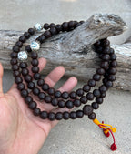 Dark Tibetan Buddhist Rare Bodhi Seed Mala, 3 Conch Shell Accent, Free Mala Bag