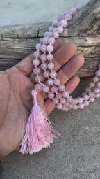 Rose Quartz Mala 108 Beads – Hand Knotted Gemstone Meditation Prayer Necklace