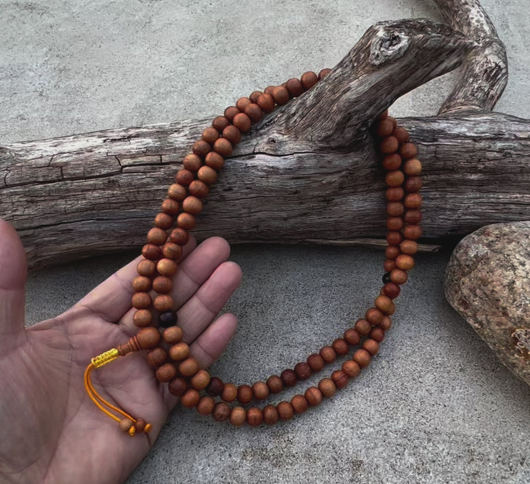 Natural Sandalwood 108 Bead Meditation Mala | Adjustable Japa Prayer Beads | Buddhist Hindu Yoga Mala | Guru Bead Necklace | Spiritual Gift