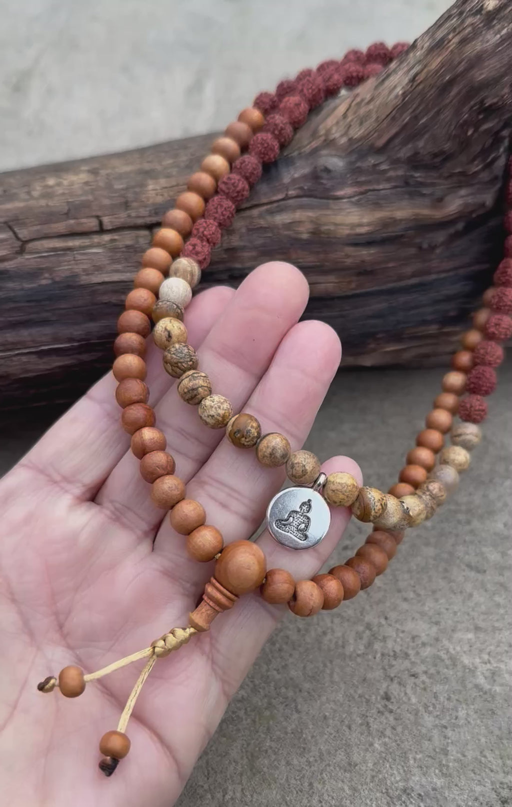 Natural Rudraksha Sandalwood Mala Necklace | 108 Meditation Prayer Beads with Brown Agate | Spiritual Yoga Jewelry