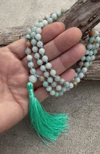 Amazonite Mala 108 Beads – Hand Knotted Gemstone Meditation Prayer Necklace