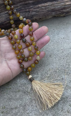 Brown Agate Mala 108 Beads – Hand Knotted Gemstone Meditation Prayer Necklac