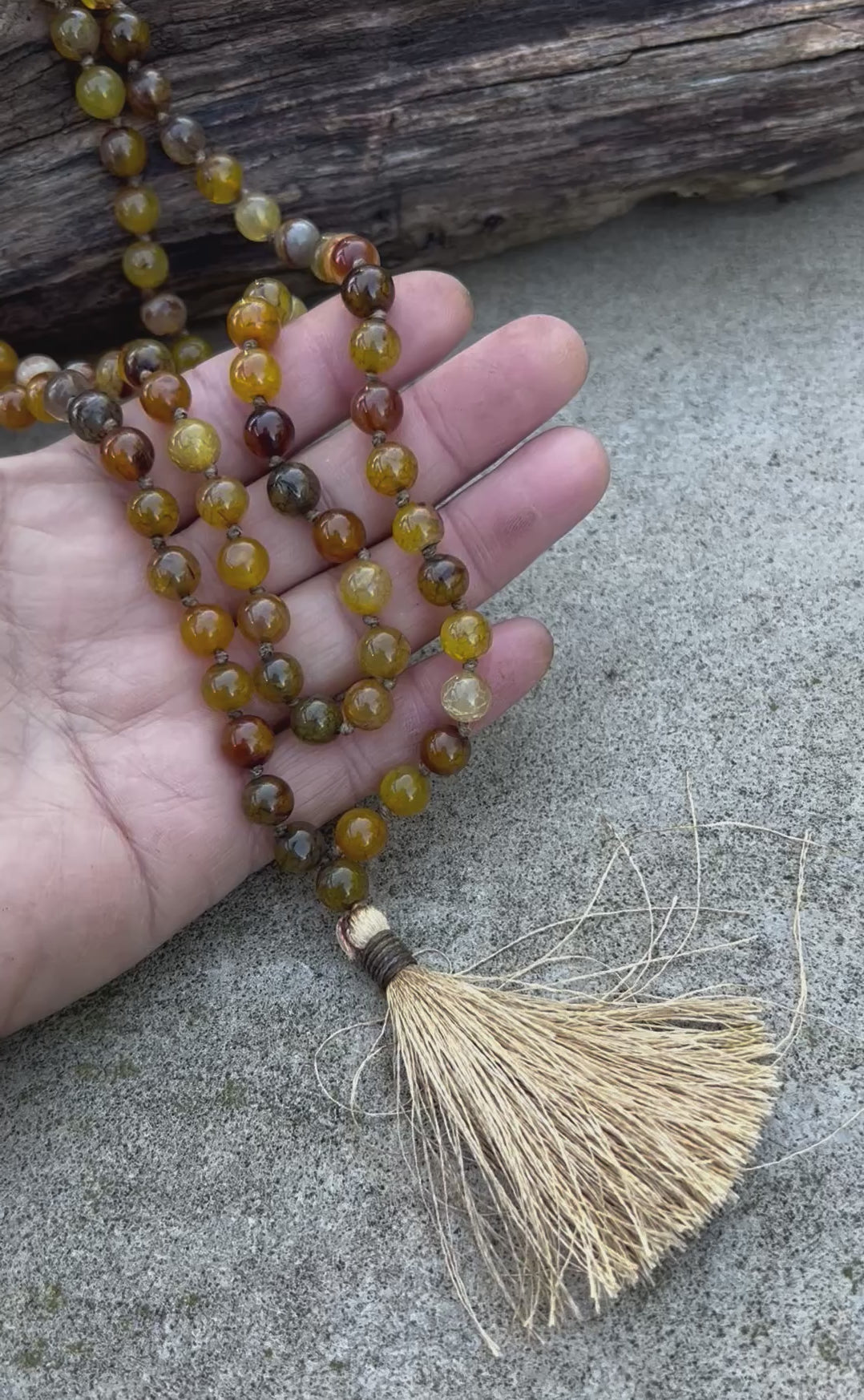 Brown Agate Mala 108 Beads – Hand Knotted Gemstone Meditation Prayer Necklac