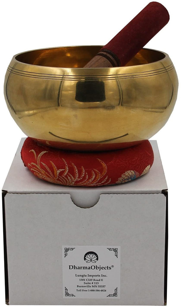 DharmaObjects Tibetan Extra Large Heavy Meditation Ring Gong Hammer Mark Singing Bowl With Mallet and Silk Cushion