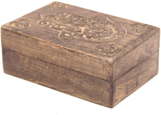 Hamsa Hand of Fatima Hand Carved Jewelry Trinket Keepsake Wooden Storage Box (Fatima Hand, Medium) - DharmaObjects