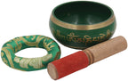 Medium ~ Tibetan OM MANI Singing Bowl Set ~ With Mallet, Brocade Cushion & Carry Bag ~ For Meditation, Chakra Healing, Prayer, Yoga (Green) - DharmaObjects
