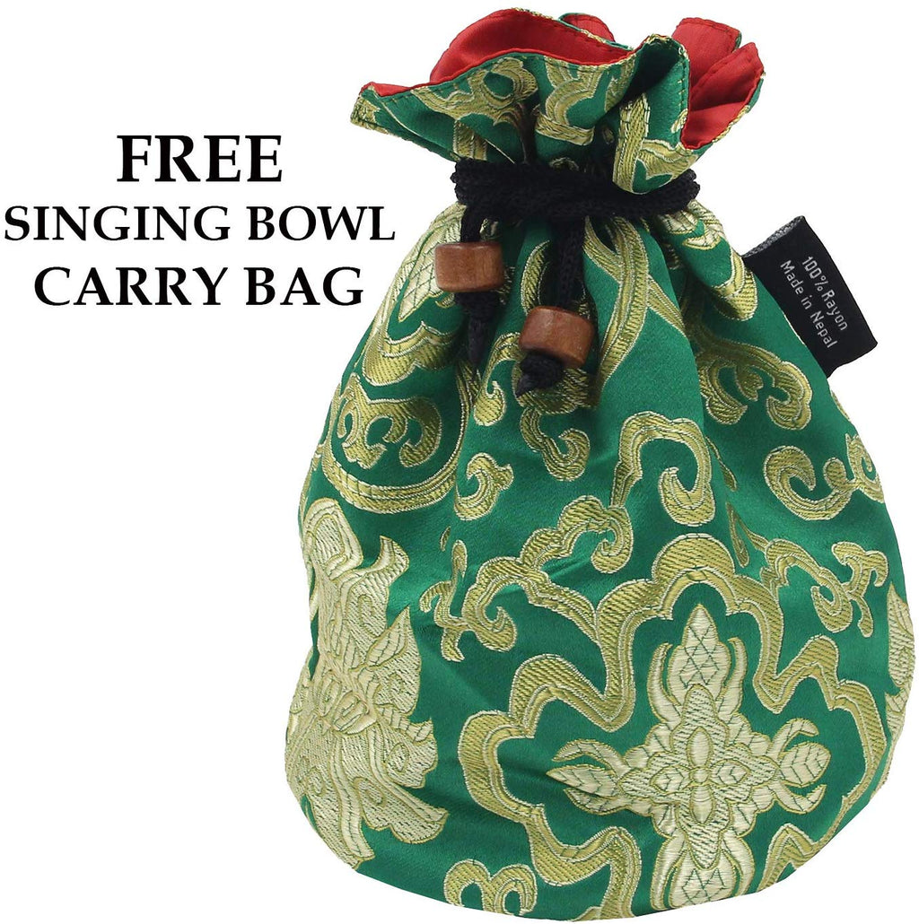 Medium ~ Tibetan OM MANI Singing Bowl Set ~ With Mallet, Brocade Cushion & Carry Bag ~ For Meditation, Chakra Healing, Prayer, Yoga (Green) - DharmaObjects