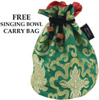 Medium ~ Tibetan OM MANI Singing Bowl Set ~ With Mallet, Brocade Cushion & Carry Bag ~ For Meditation, Chakra Healing, Prayer, Yoga (Green) - DharmaObjects