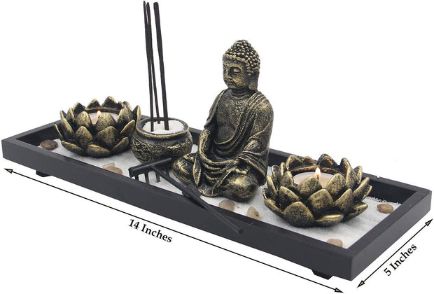 Zen Garden Buddha Statue Lotus Tea Light Candle and Incense Holder Complete Set Home Décor Gift - DharmaObjects