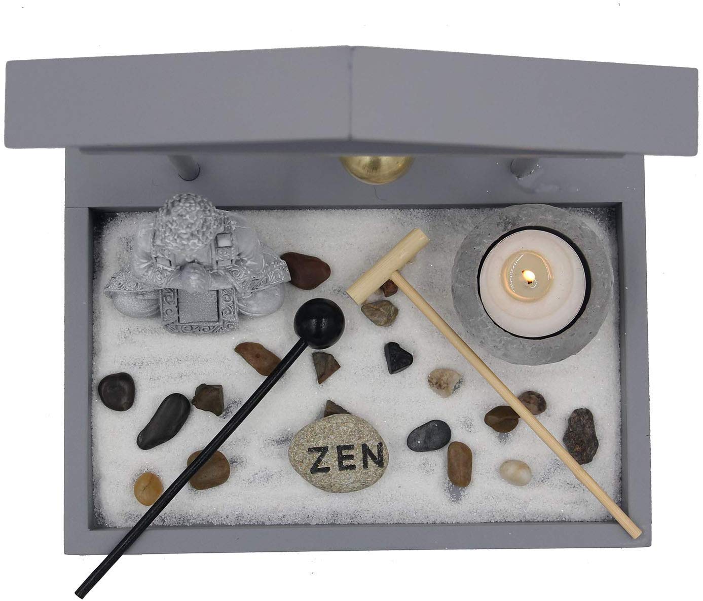 Buddha Zen Garden Tea Light Candle Holder Set (Gray Bell Buddha) - DharmaObjects