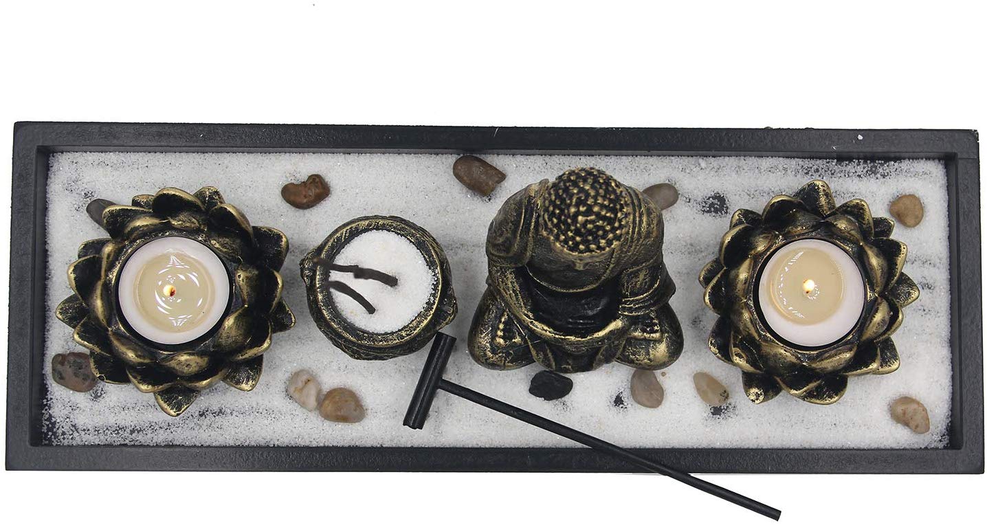 Zen Garden Buddha Statue Lotus Tea Light Candle and Incense Holder Complete Set Home Décor Gift - DharmaObjects