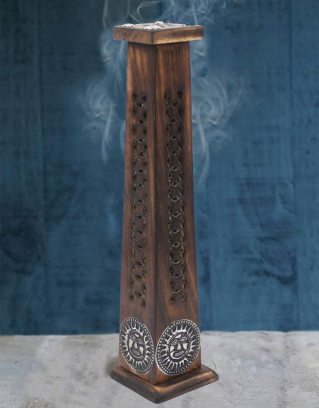 Wooden Artisan Decor Table Top Incense Stick Holder Burner Tower Stand (Sun) - DharmaObjects