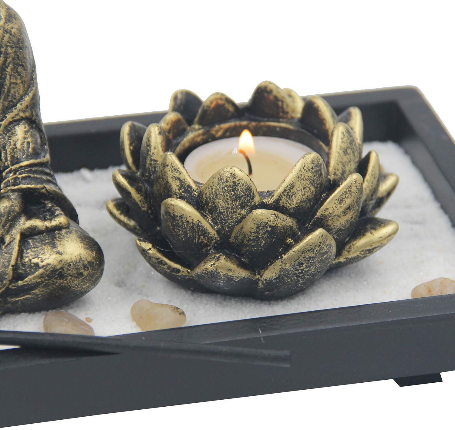 Zen Garden Buddha Statue Lotus Tea Light Candle and Incense Holder Complete Set Home Décor Gift - DharmaObjects