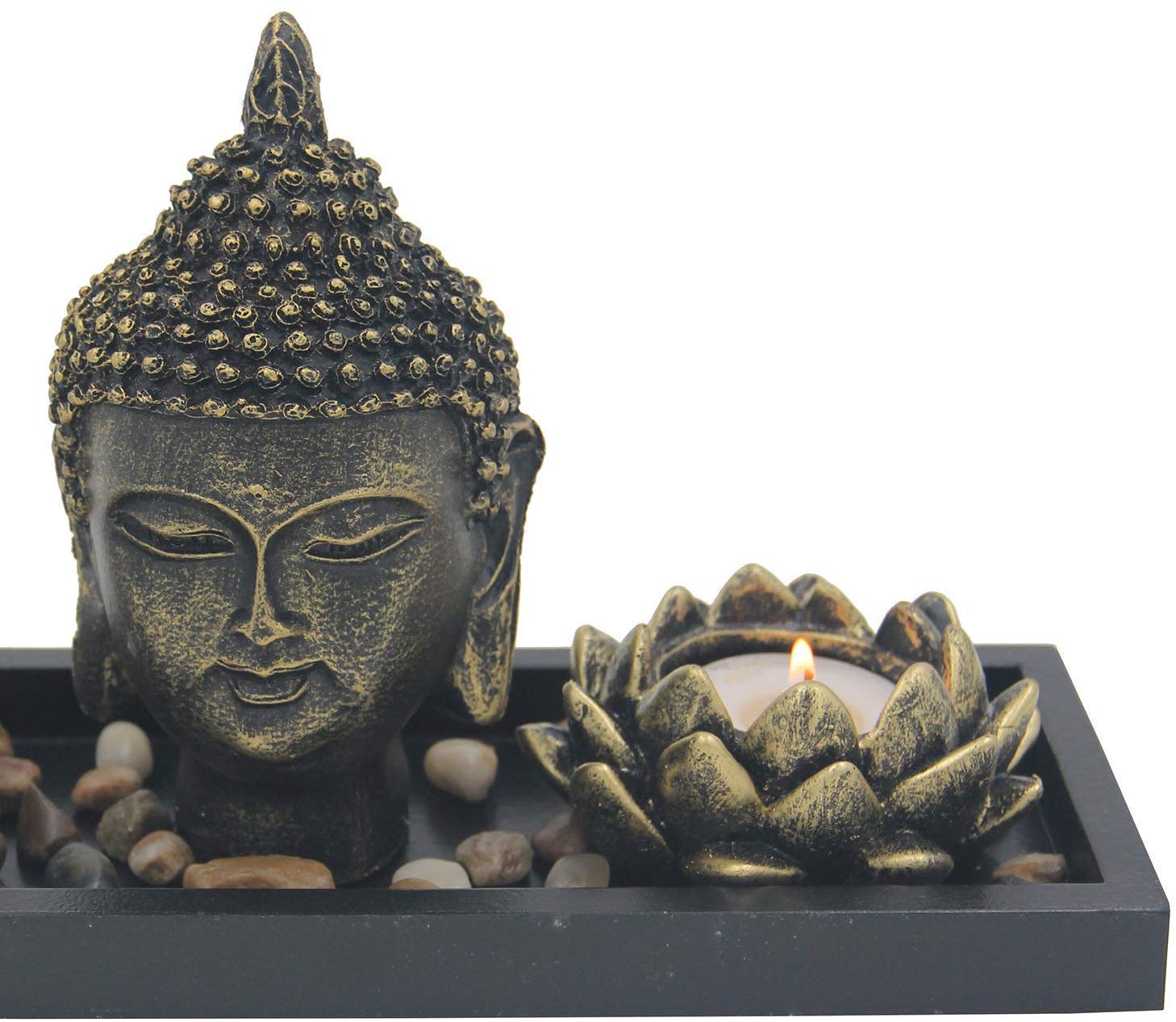 Zen Garden Buddha Head Lotus Tea Light Candle Holder Set Home Décor Gift - DharmaObjects