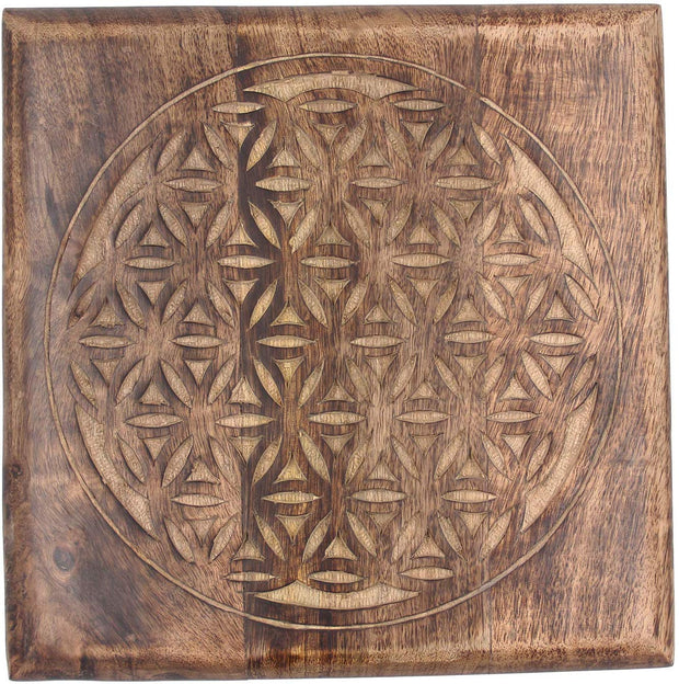 Solid Mango Wood Hand Carved Puja Shrine Altar Meditation Table (Flower of Life) - DharmaObjects