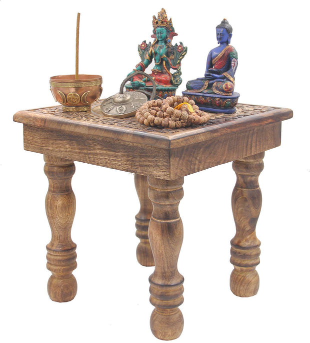 Solid Mango Wood Hand Carved Prayer Puja Shrine Altar Meditation Table (Tree of Life) - DharmaObjects