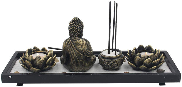 Zen Garden Buddha Statue Lotus Tea Light Candle and Incense Holder Complete Set Home Décor Gift - DharmaObjects
