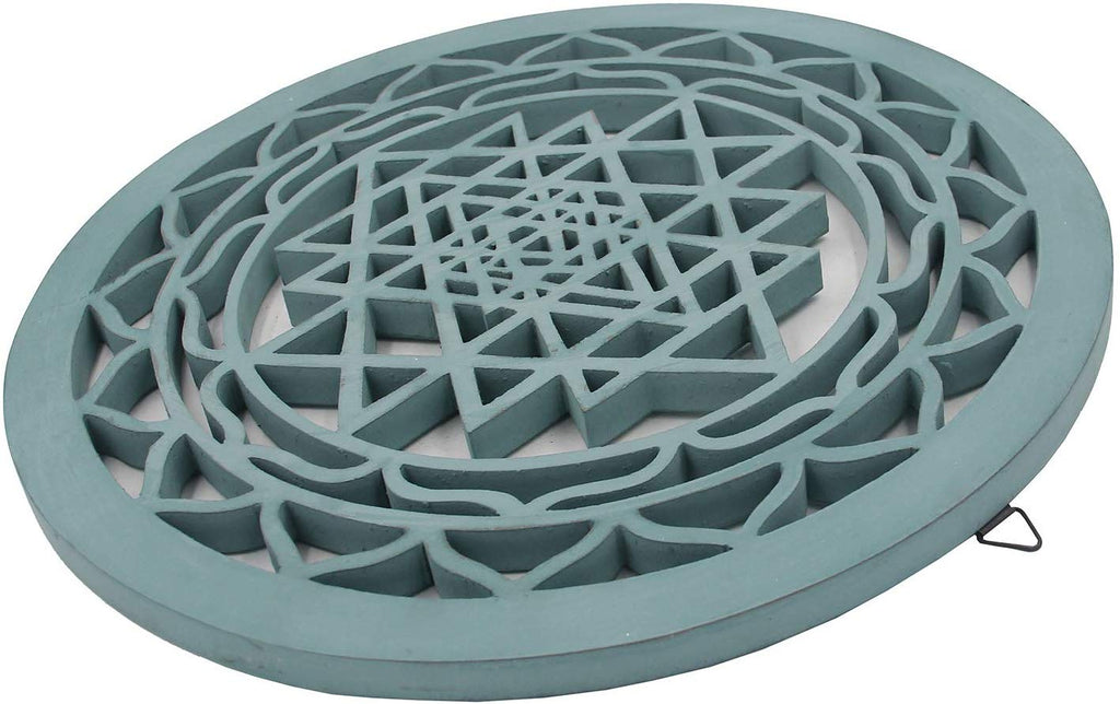 Large Shri Yantra Hindu Sacred Handcrafted Wooden Wall Decor (Turquoise, 15.75 Inches) - DharmaObjects