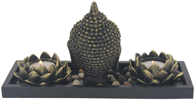 Zen Garden Buddha Head Lotus Tea Light Candle Holder Set Home Décor Gift - DharmaObjects