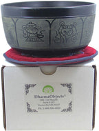 Yoga Meditation 6 Inches 8 Lucky Symbols Singing Bowl/Cushion/Leather Mallet Gift Set (Black) - DharmaObjects
