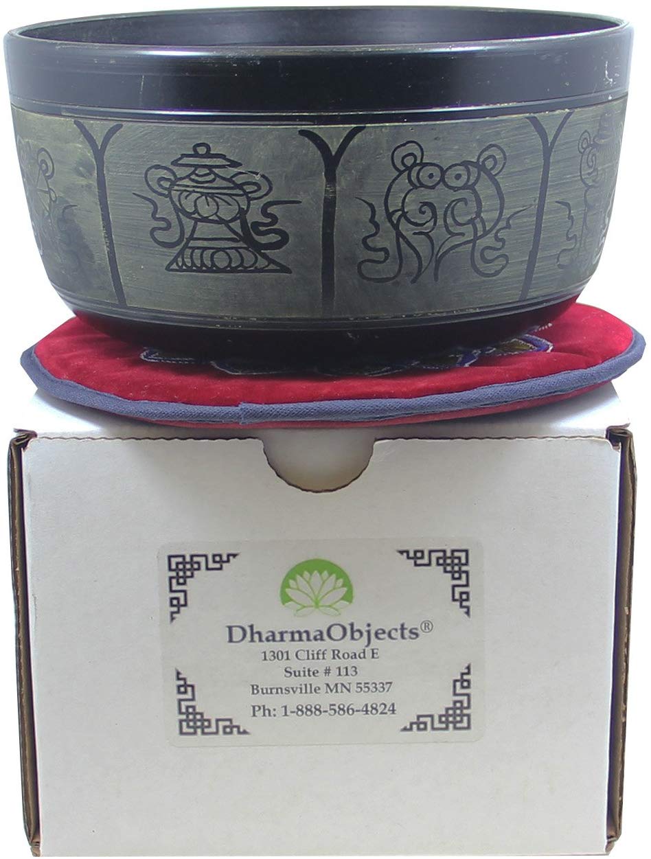 Yoga Meditation 6 Inches 8 Lucky Symbols Singing Bowl/Cushion/Leather Mallet Gift Set (Black) - DharmaObjects