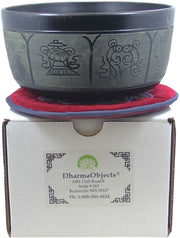Yoga Meditation 6 Inches 8 Lucky Symbols Singing Bowl/Cushion/Leather Mallet Gift Set (Black) - DharmaObjects