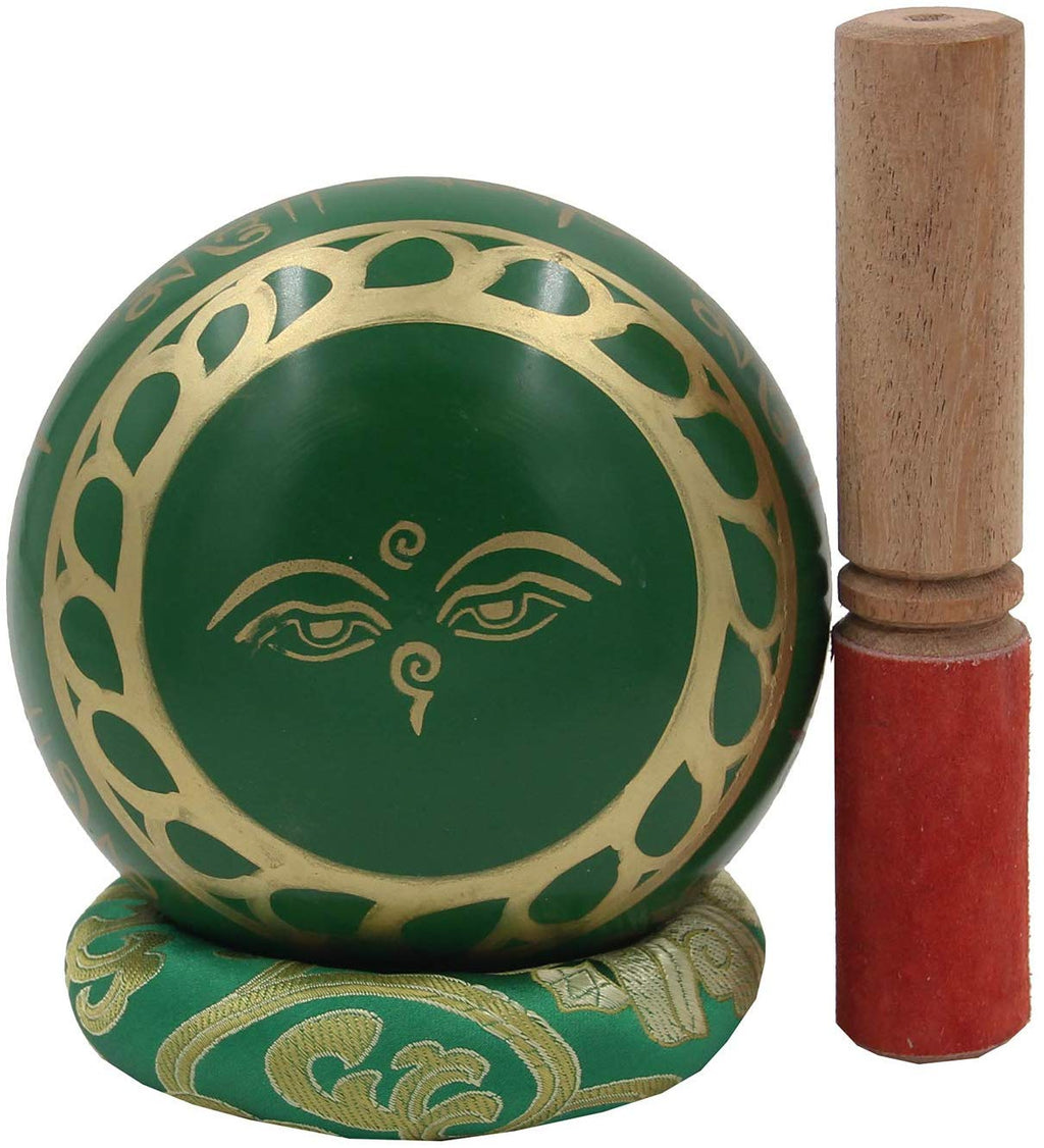 Medium ~ Tibetan OM MANI Singing Bowl Set ~ With Mallet, Brocade Cushion & Carry Bag ~ For Meditation, Chakra Healing, Prayer, Yoga (Green) - DharmaObjects