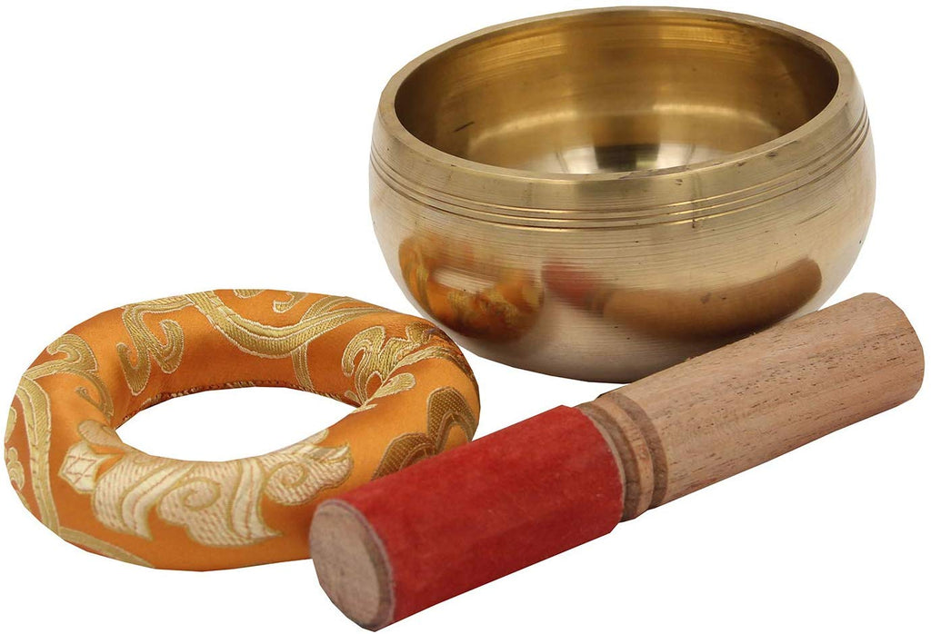 Medium ~ Tibetan OM MANI Singing Bowl Set ~ With Mallet, Brocade Cushion & Carry Bag ~ For Meditation, Chakra Healing, Prayer, Yoga (Yellow) - DharmaObjects