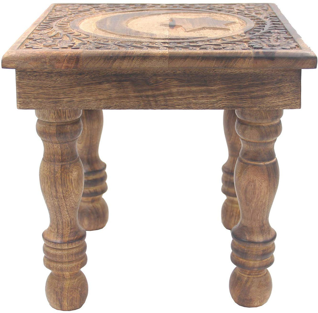 Solid Mango Wood Hand Carved Puja Shrine Altar Meditation Table (Star Moon) - DharmaObjects