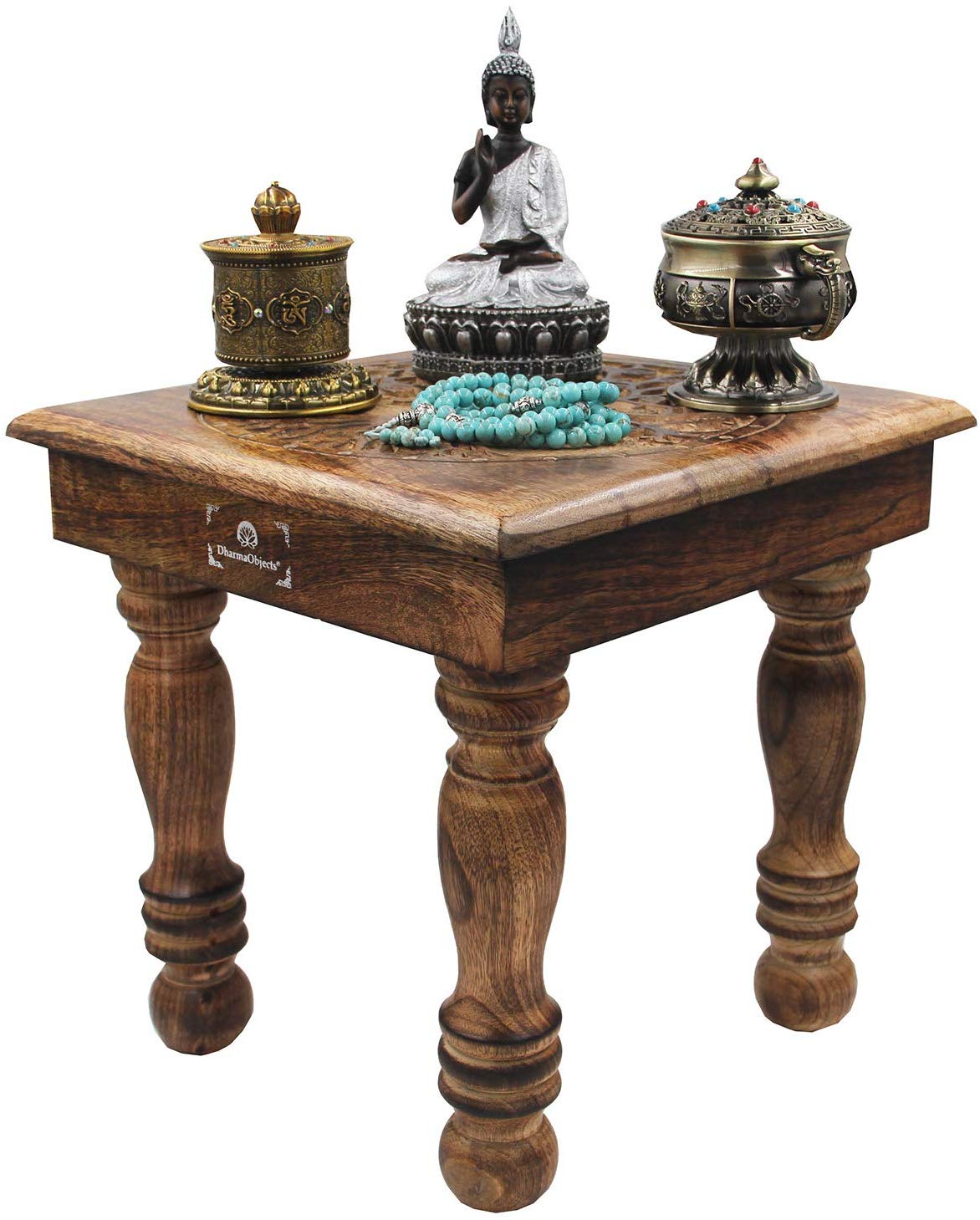 Solid Mango Wood Hand Carved Puja Shrine Altar Meditation Table (Tree of Life 1) - DharmaObjects