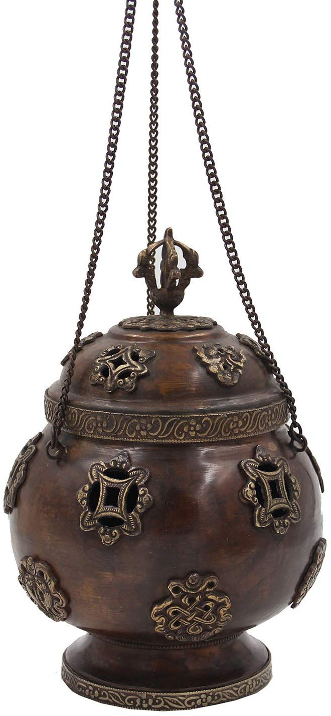 Tibetan Traditional Hanging Incense Burner Copper (8.5 x 6 x 6 Inches, Hanging 5) - DharmaObjects