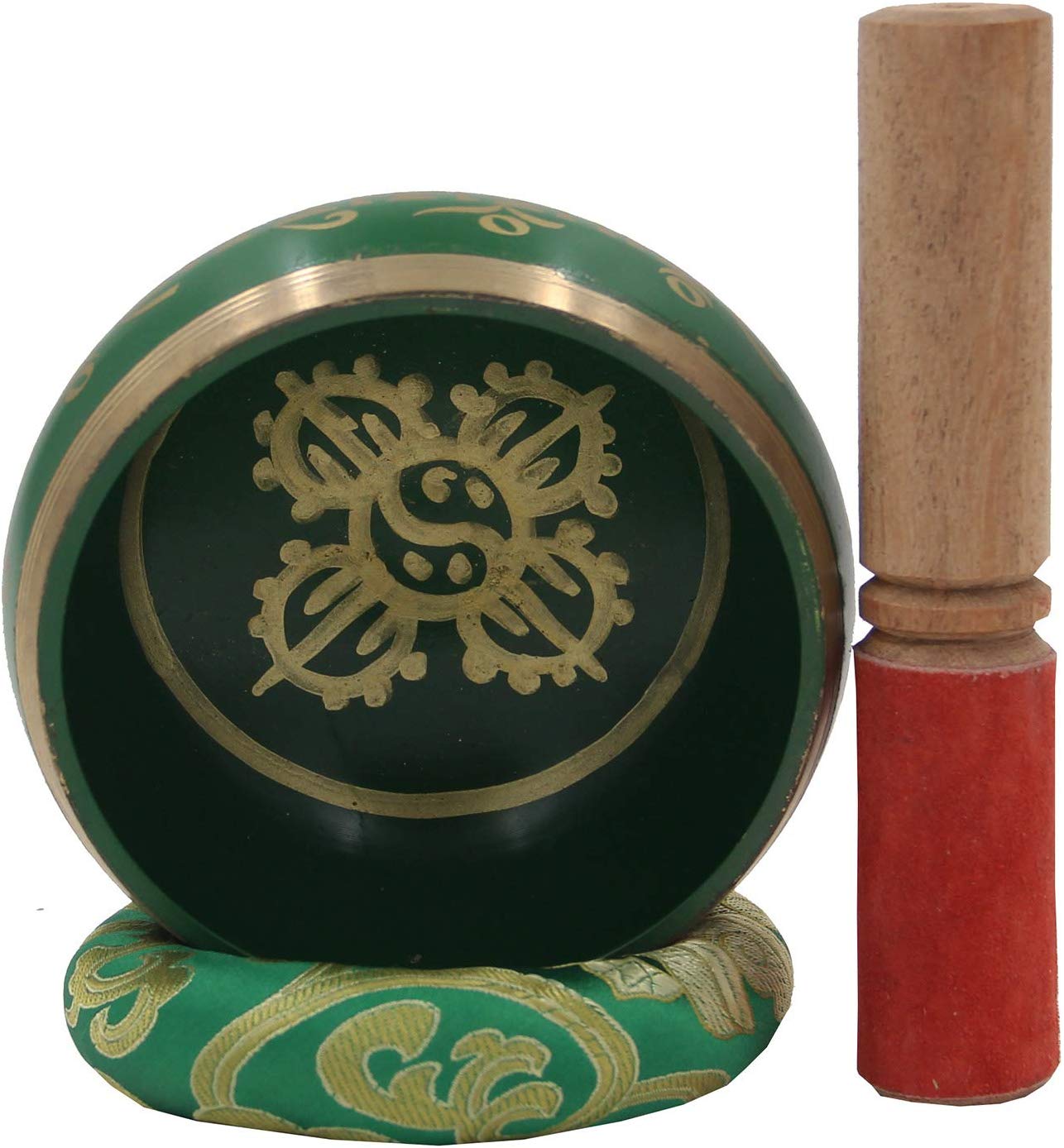 Medium ~ Tibetan OM MANI Singing Bowl Set ~ With Mallet, Brocade Cushion & Carry Bag ~ For Meditation, Chakra Healing, Prayer, Yoga (Green) - DharmaObjects