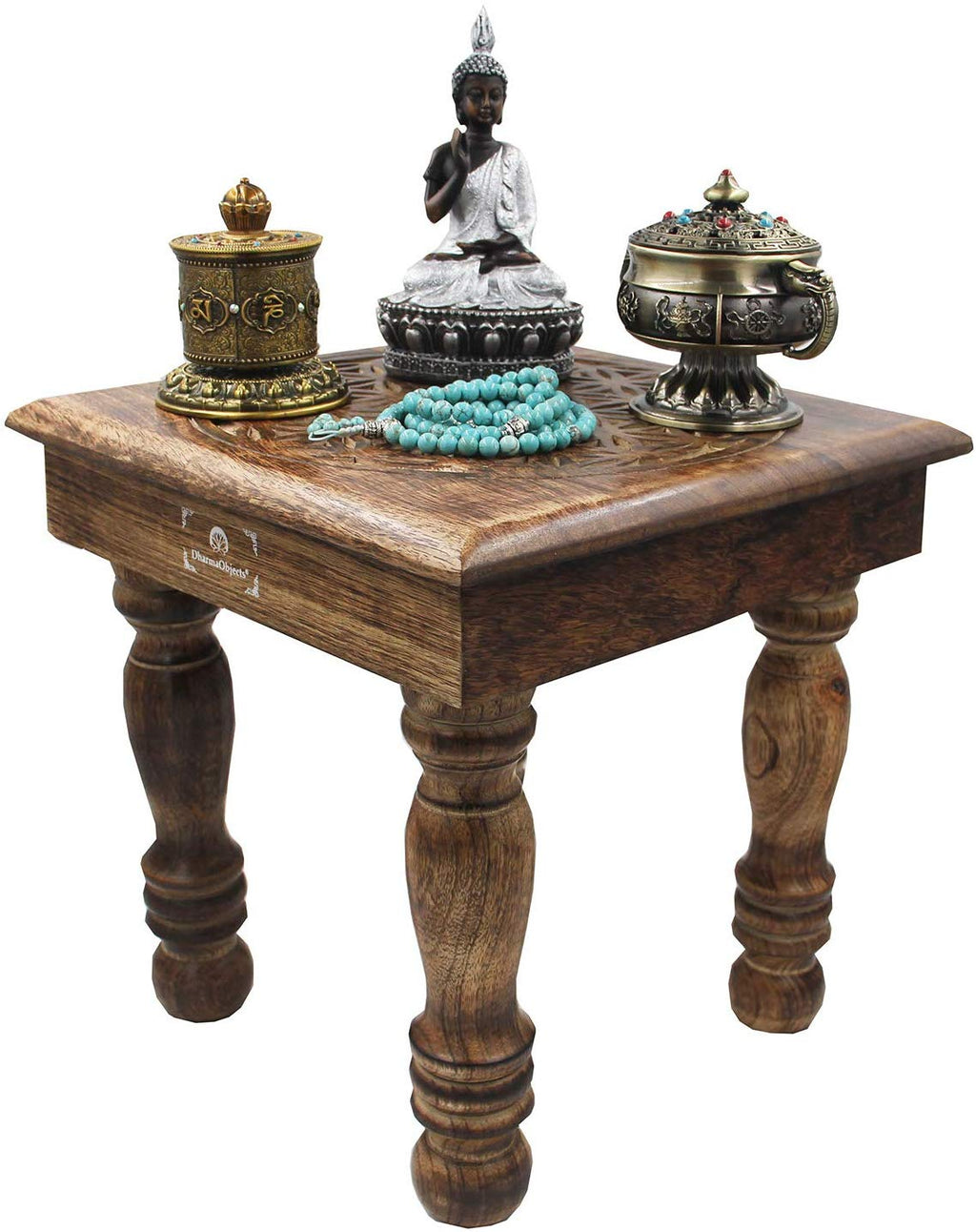 Solid Mango Wood Hand Carved Puja Shrine Altar Meditation Table (Flower of Life) - DharmaObjects